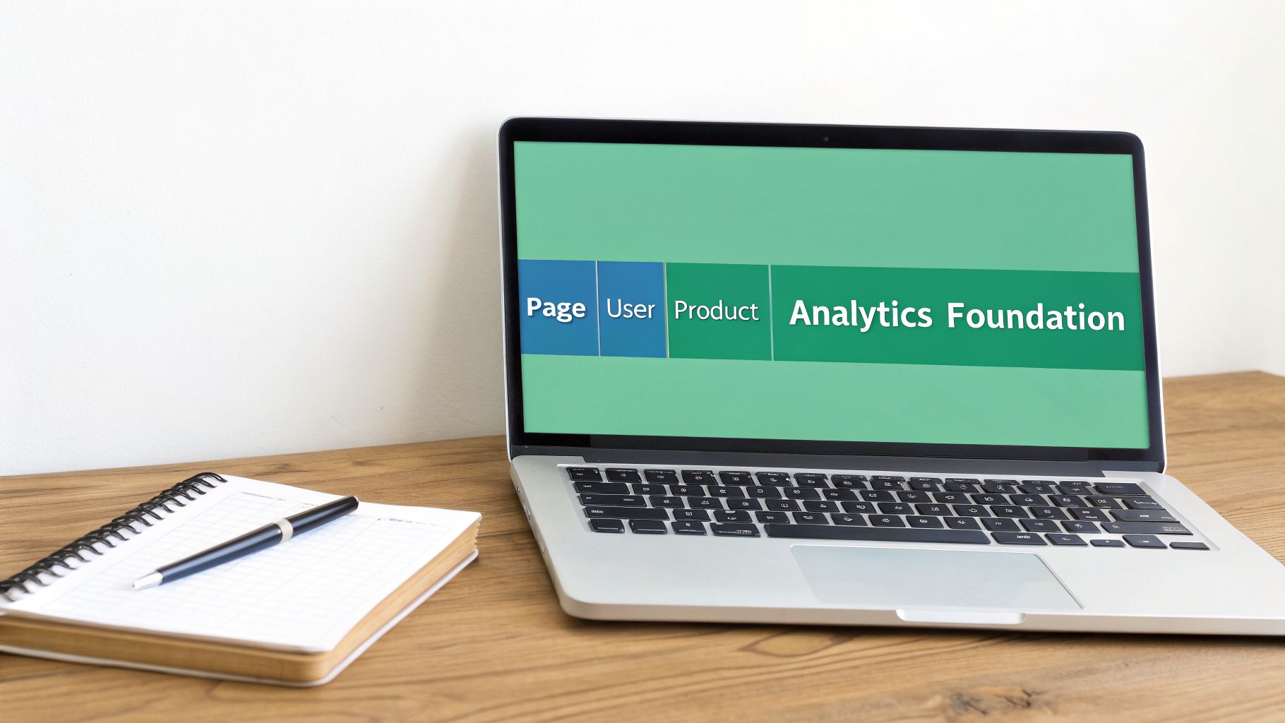 A laptop on a wooden desk displays 'Page User Product Analytics Foundation' on its screen, with a notebook and pen nearby.