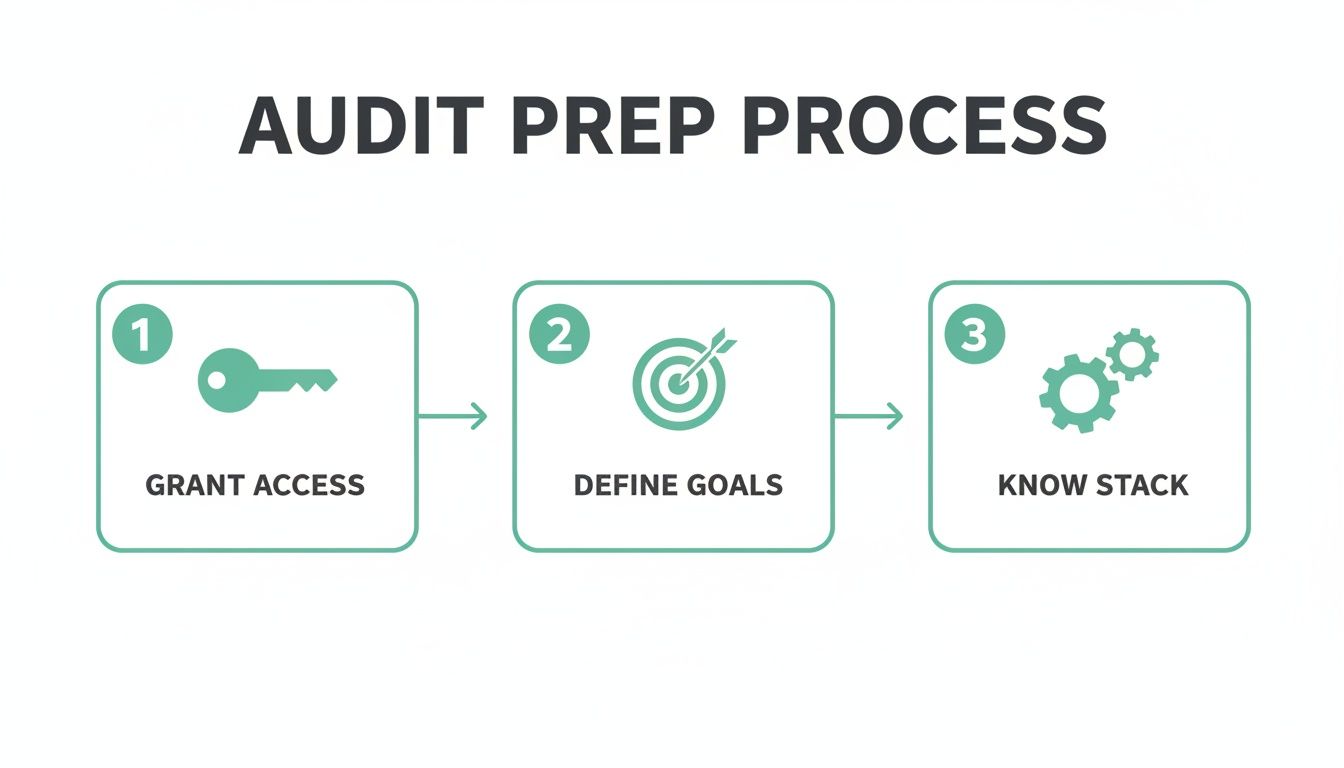 A diagram illustrating a three-step audit preparation process with icons and labels.