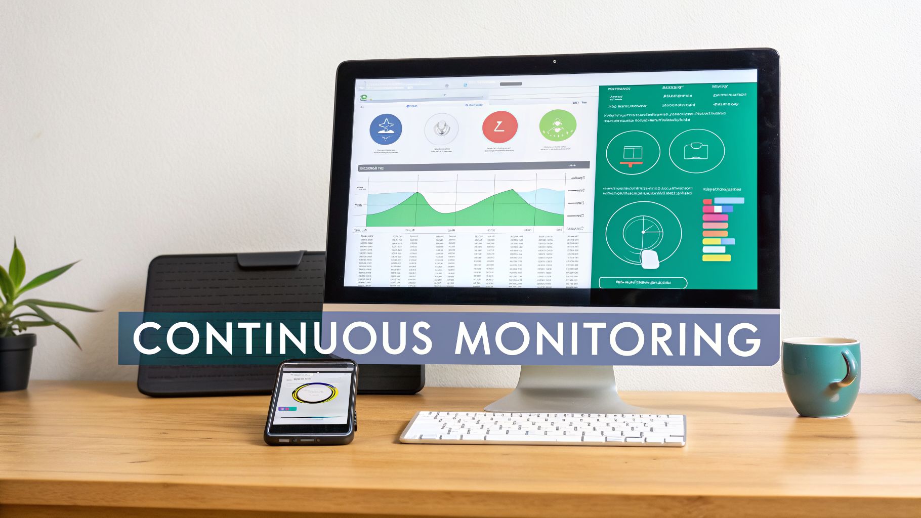 A desk setup with a computer monitor displaying continuous monitoring data, a smartphone, and a keyboard.
