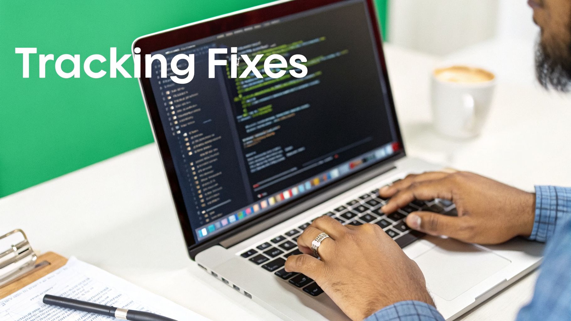 Close-up of a person's hands typing code on a laptop screen, with 'Tracking Fixes' text.