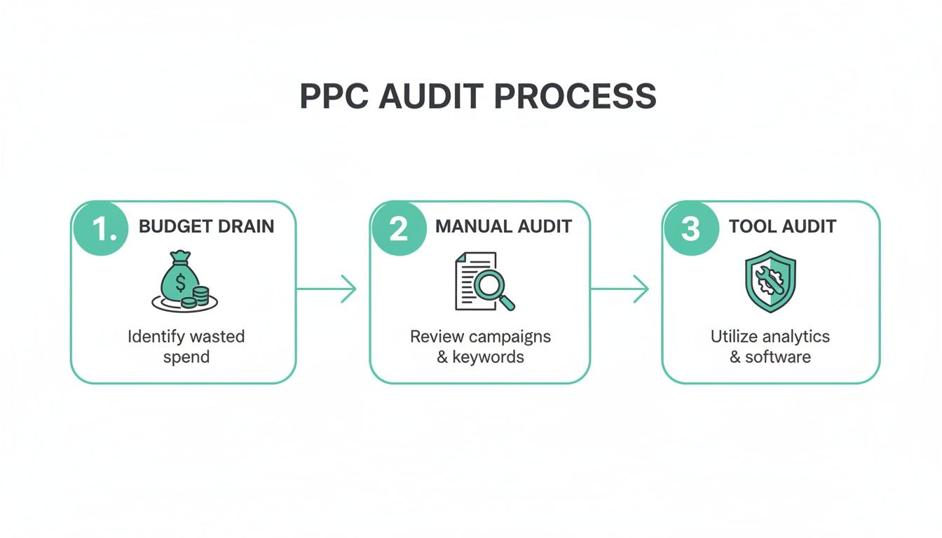 Infographic illustrating a three-step PPC audit process: budget drain, manual review of campaigns, and tool-based analytics.