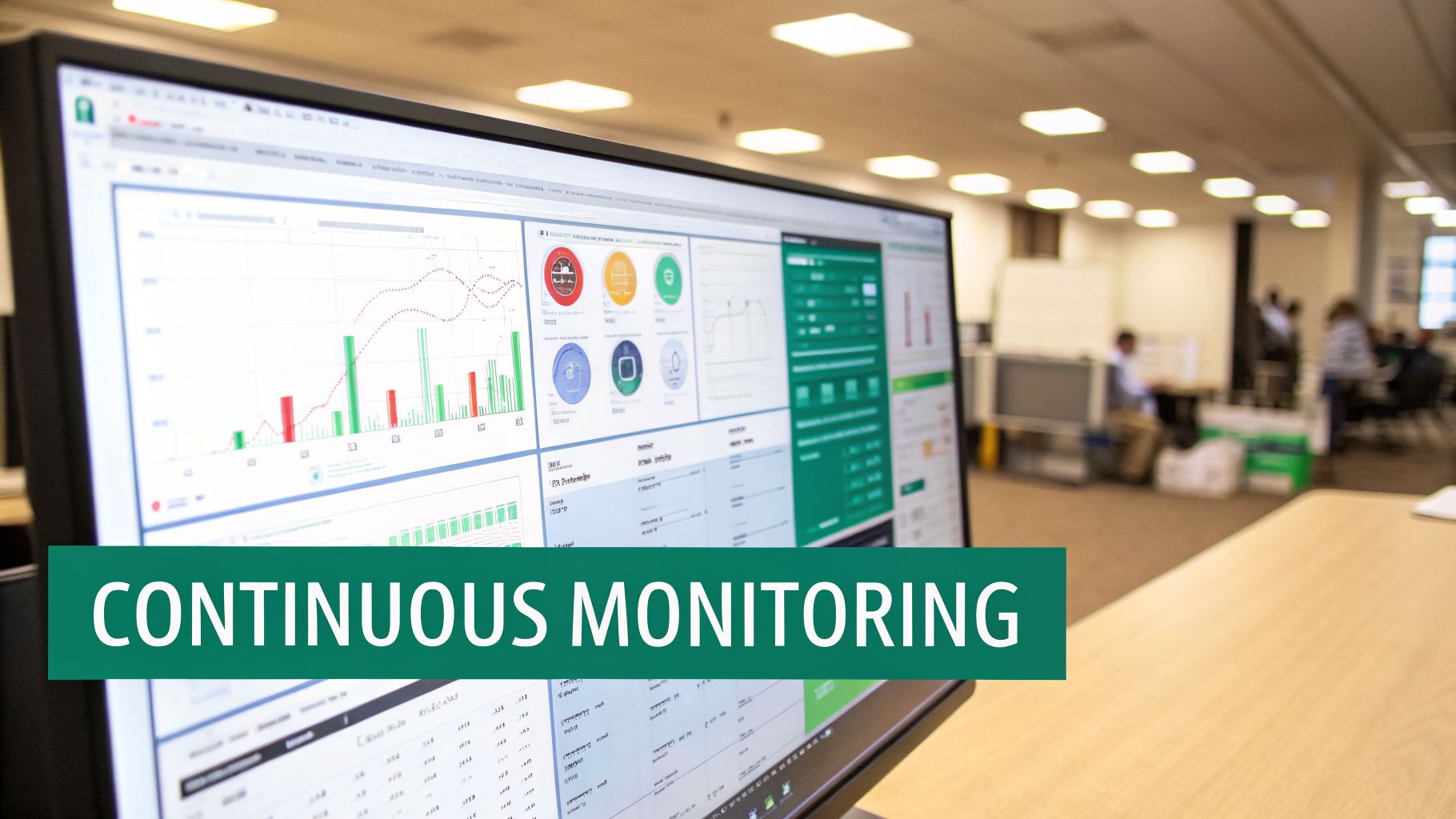 A computer monitor displays a data analytics dashboard with charts and graphs, with 'Continuous Monitoring' text overlaid in an office setting.