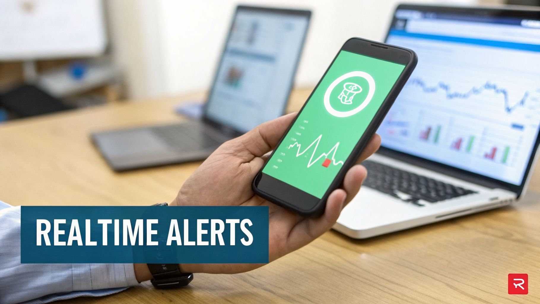 A person holds a smartphone displaying real-time data graphs and an alert icon, with a laptop in the background.