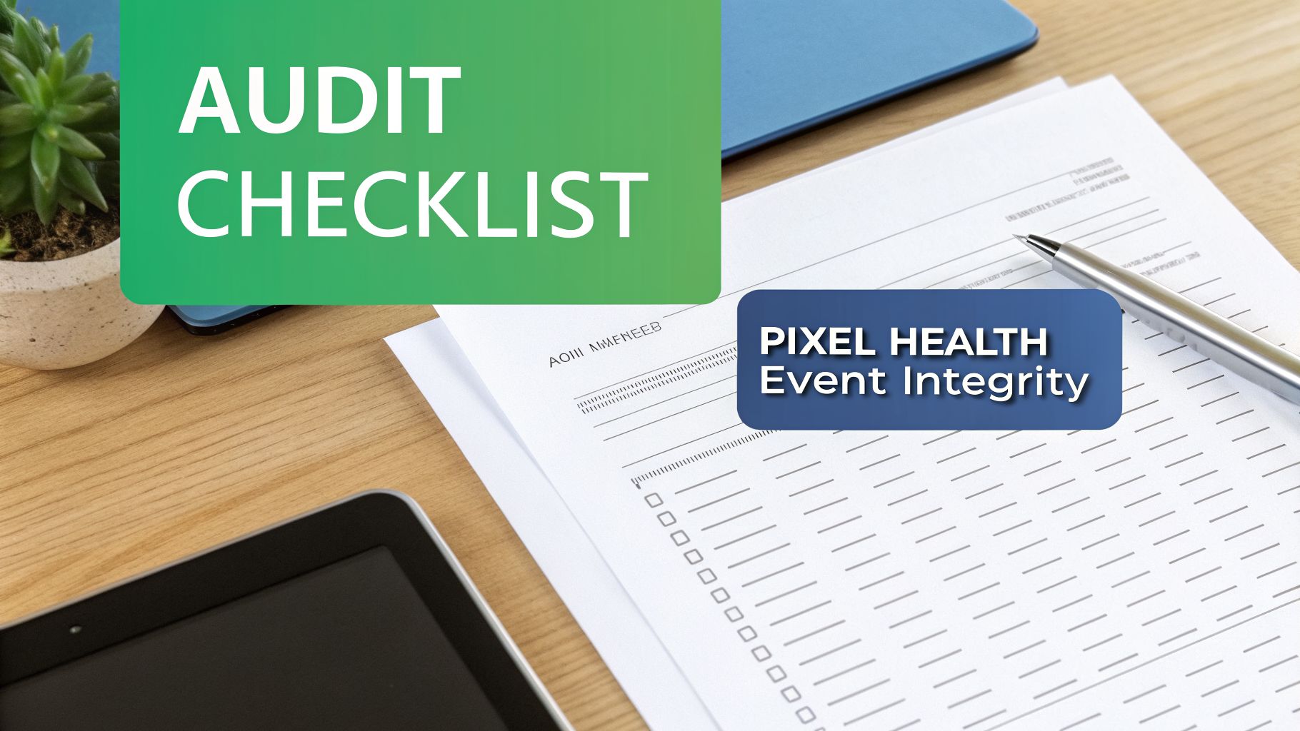 A desk with an 'Audit Checklist' sign, a document, pen, and a 'Pixel Health Event Integrity' label.