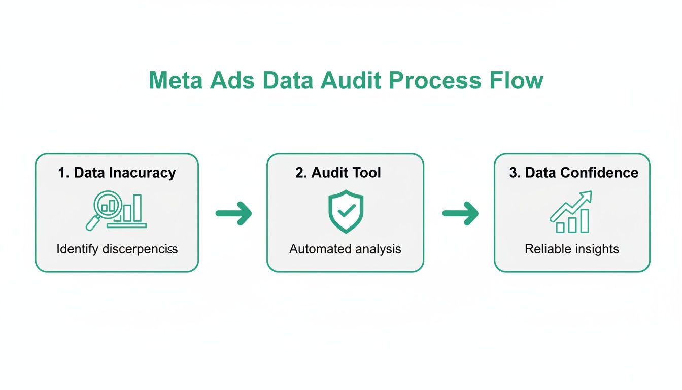 Flowchart illustrating the Meta Ads data audit process from identifying inaccuracies to gaining reliable insights.
