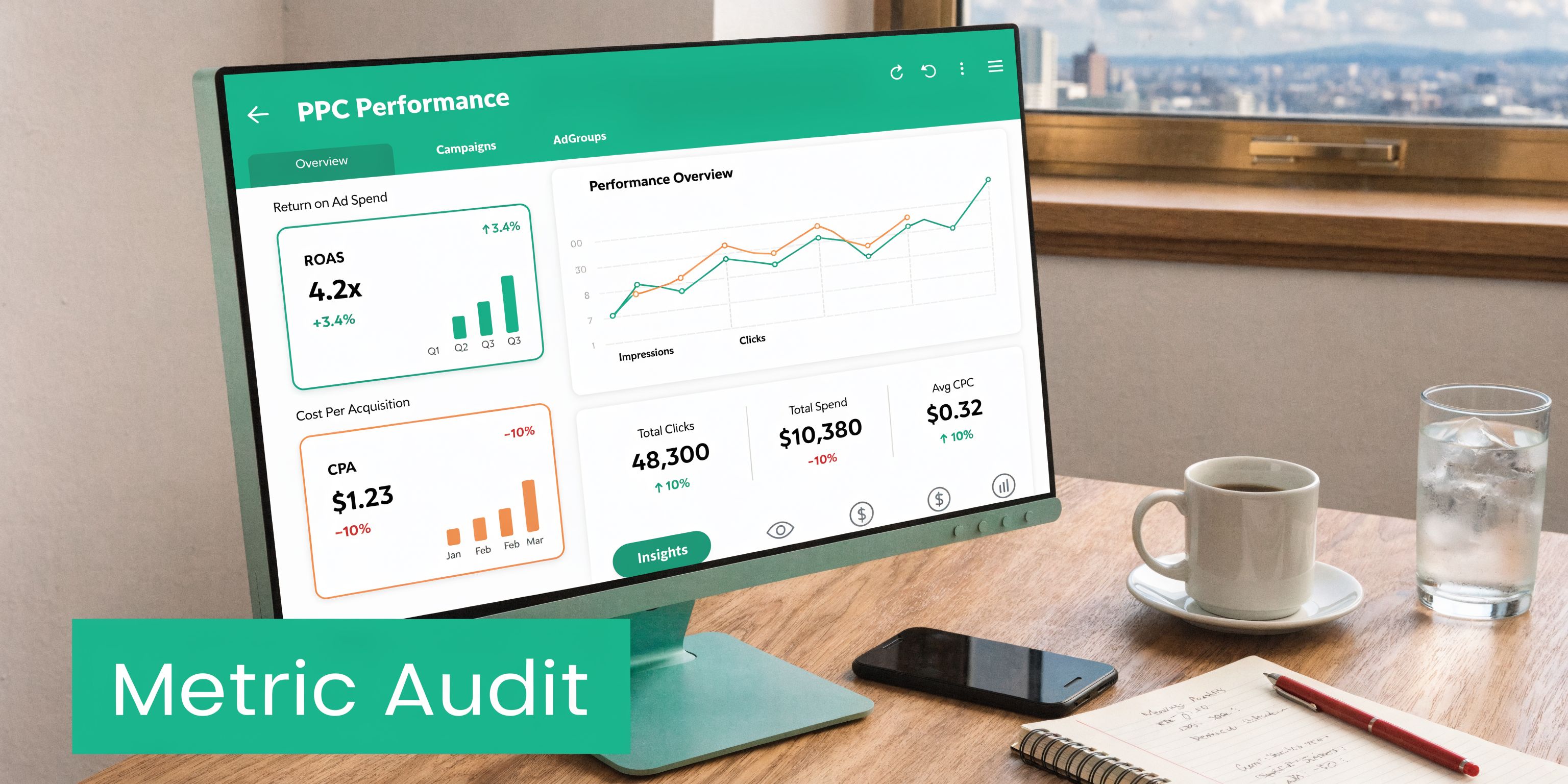 A computer monitor displaying a digital dashboard showing PPC performance metrics on a professional wooden desk.