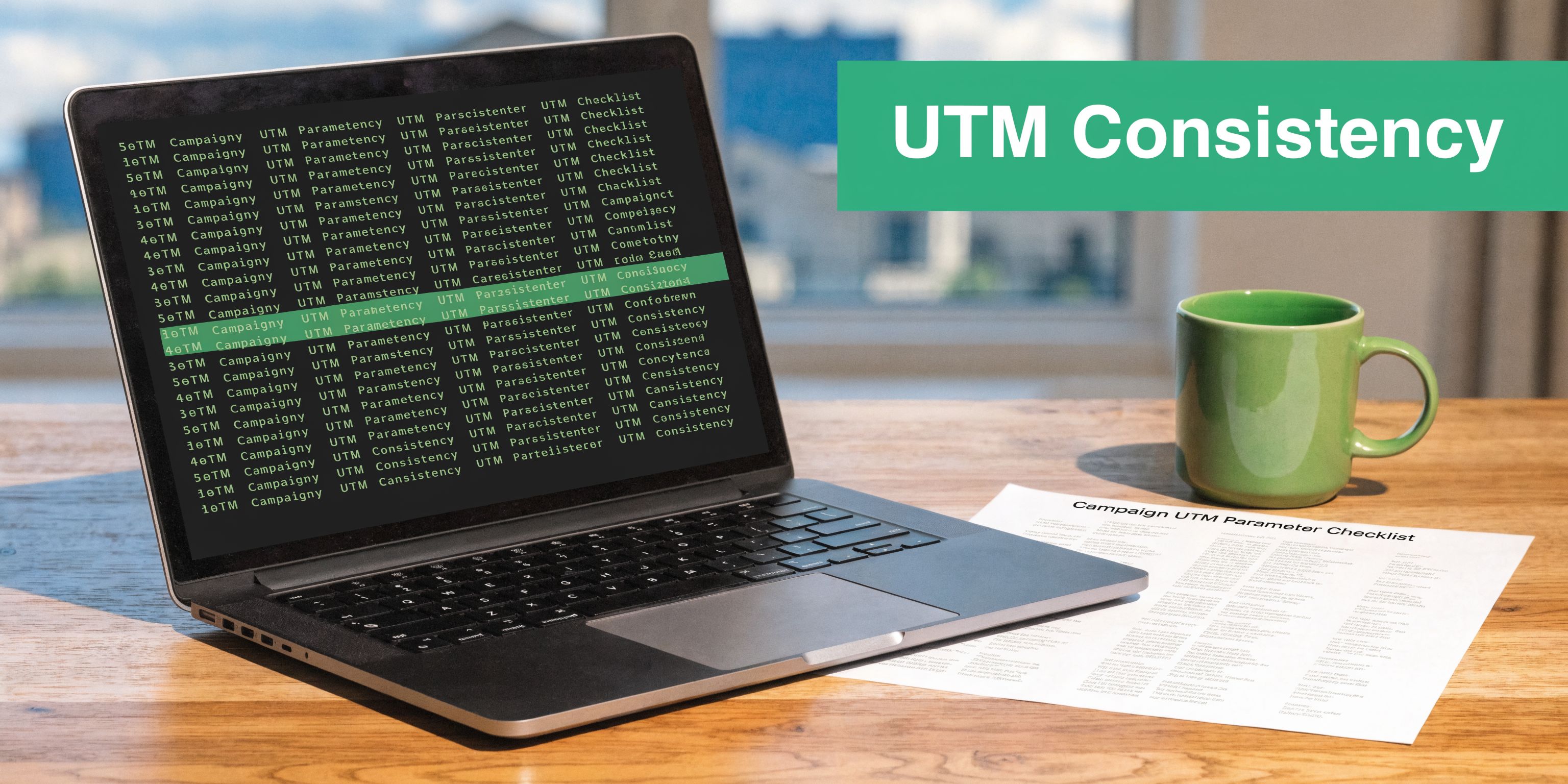 A laptop showing UTM parameter data on its screen next to a coffee mug and checklist document.