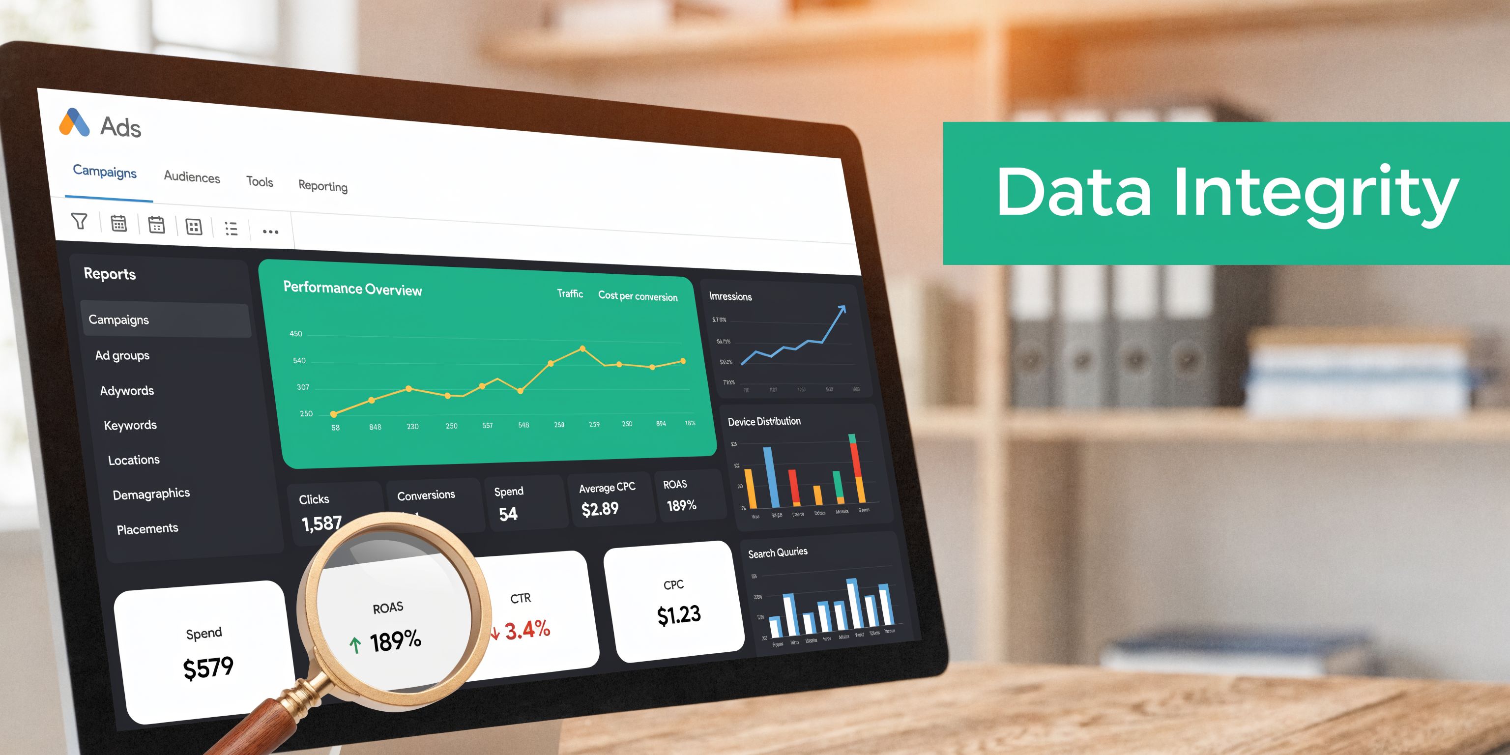 A computer monitor displaying a digital dashboard with various charts and metrics representing marketing analytics data.