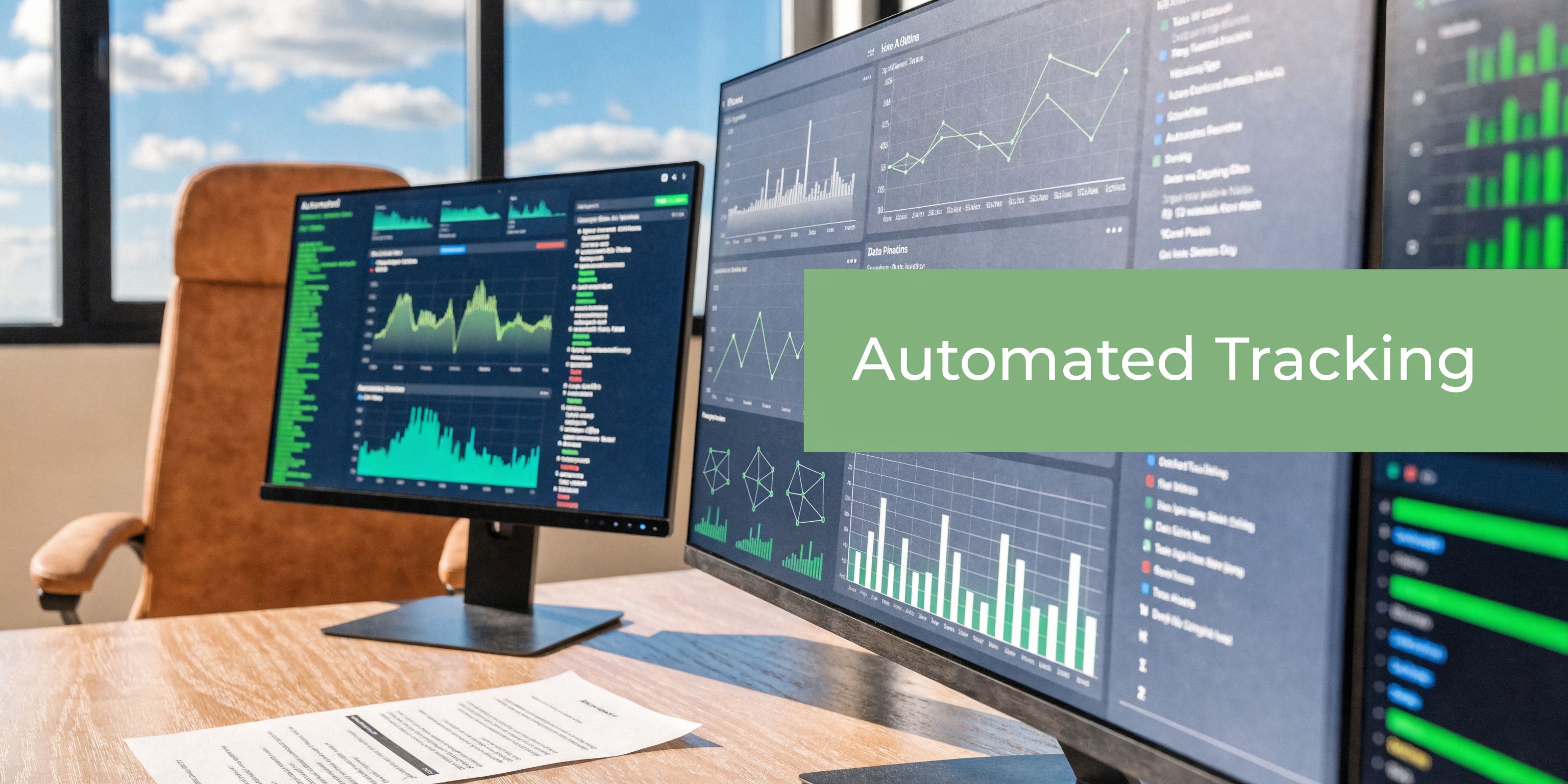 A modern workspace with multiple monitors displaying data analytics and automated tracking dashboards on a wooden desk.