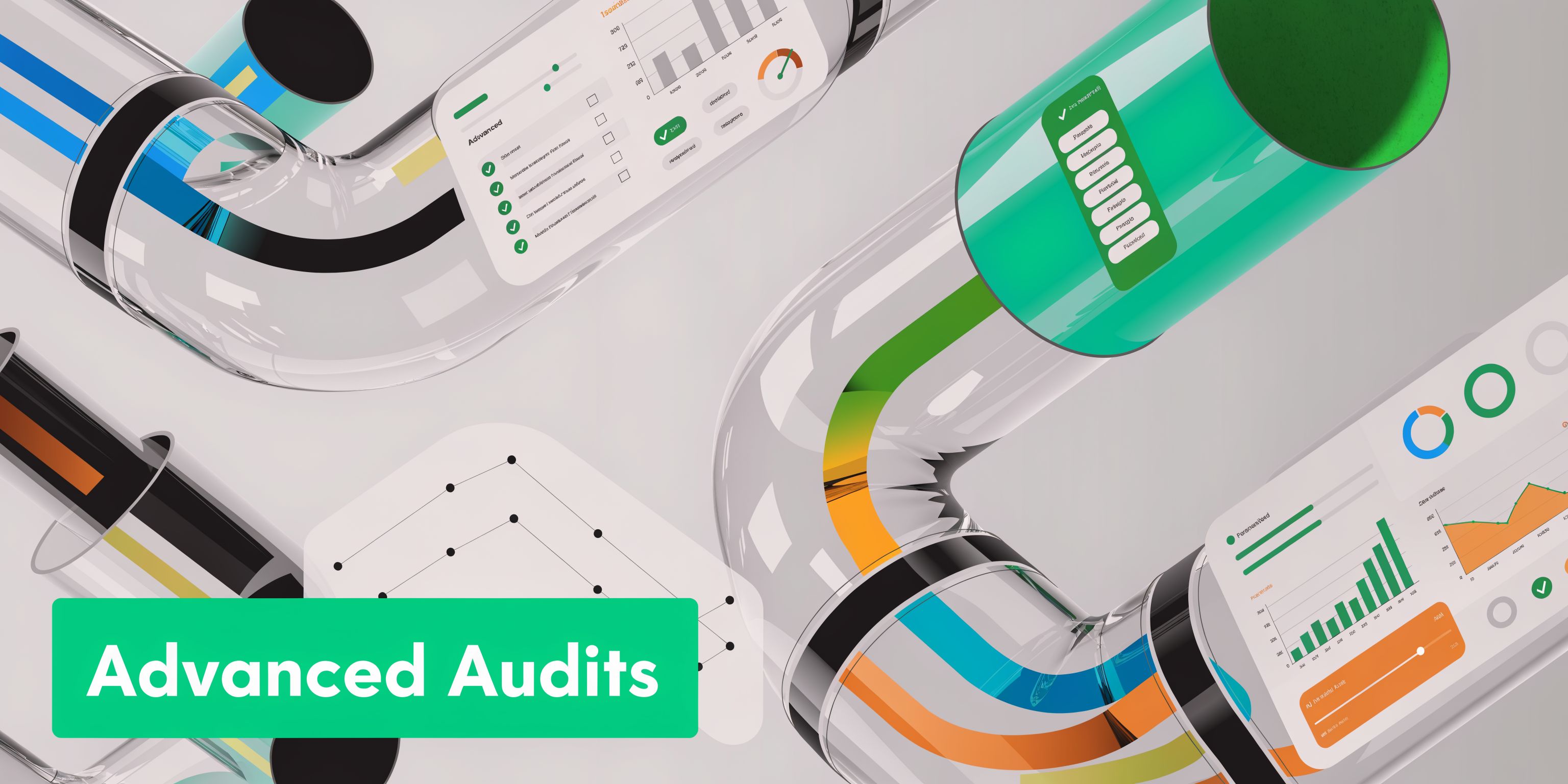 A 3D visualization showing transparent pipes with colorful streams representing data flow and digital analytics dashboards.