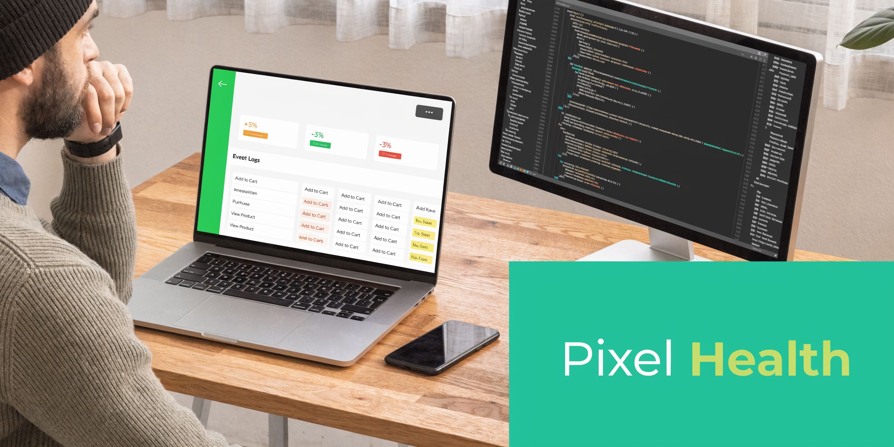 A developer working on a workspace with a laptop and computer monitor displaying web analytics and code.