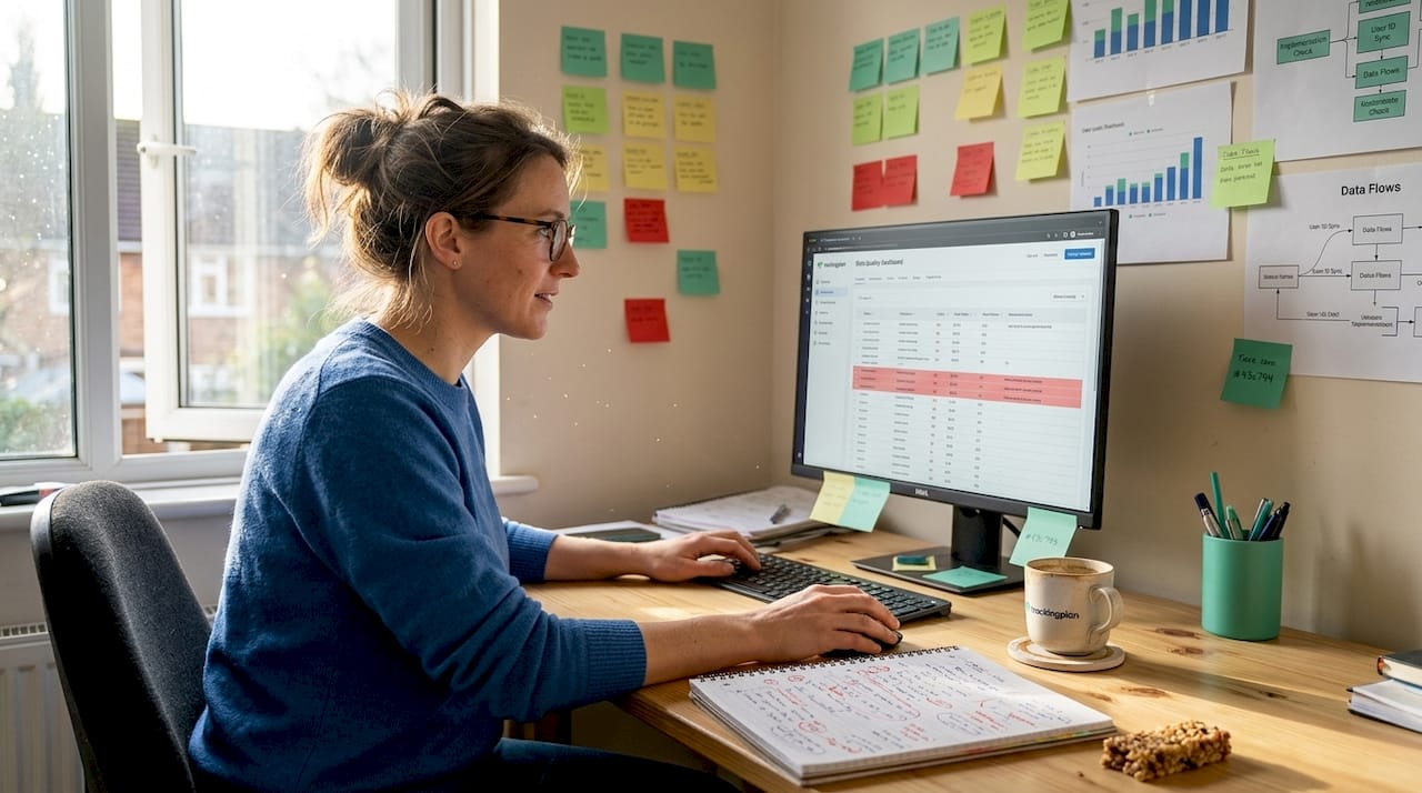 Analyst correcting inconsistent data values at home