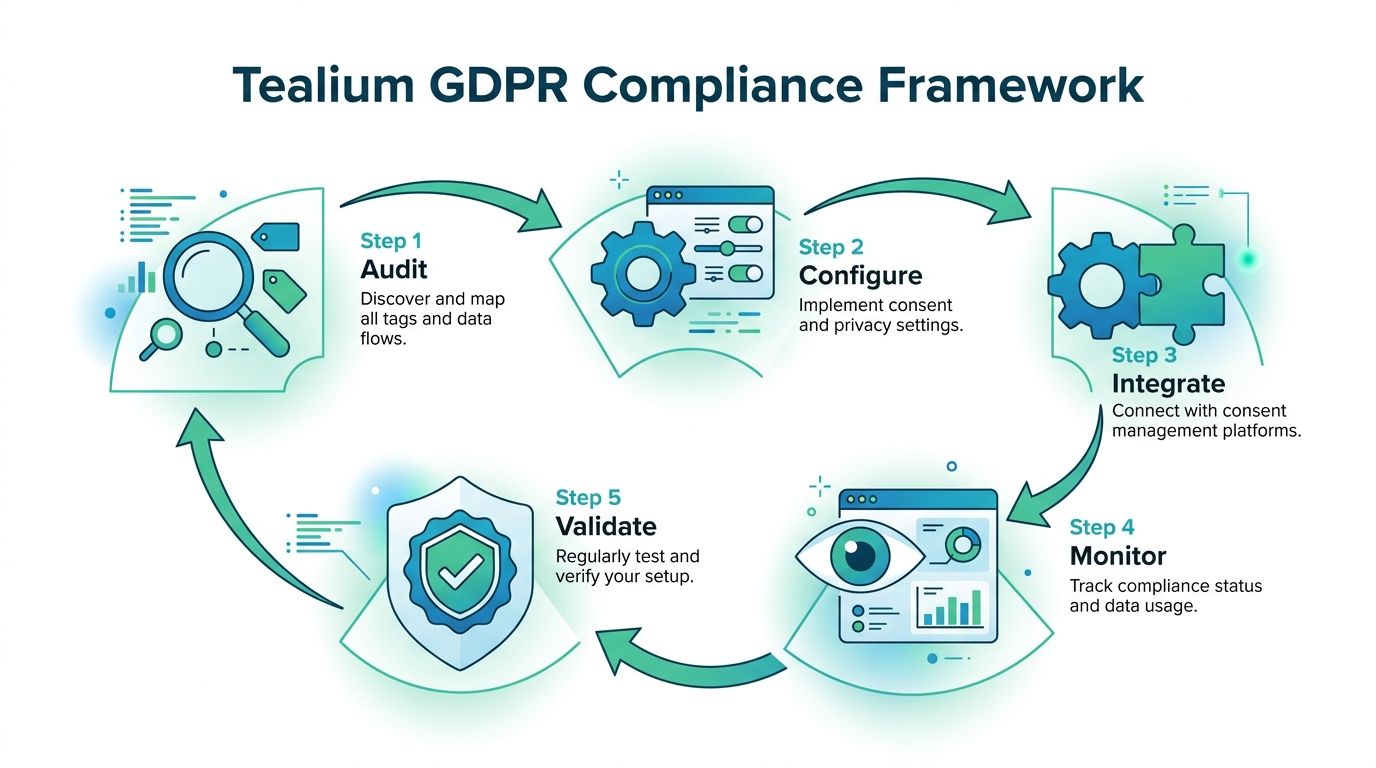 A diagram illustrating the Tealium five-step GDPR compliance framework for data management and privacy regulations.