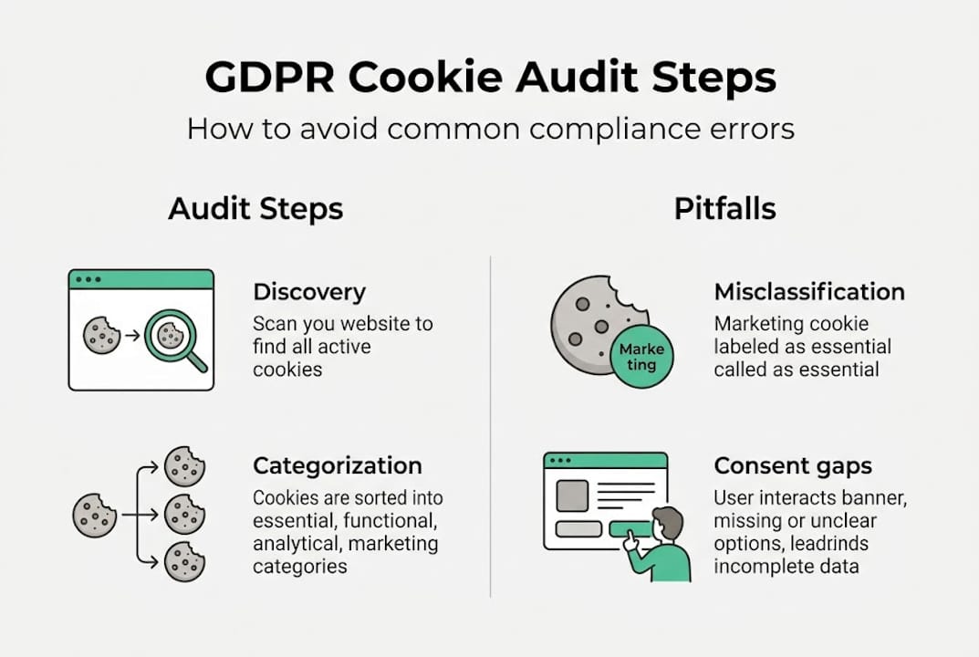 Infographic of GDPR cookie audit process and pitfalls