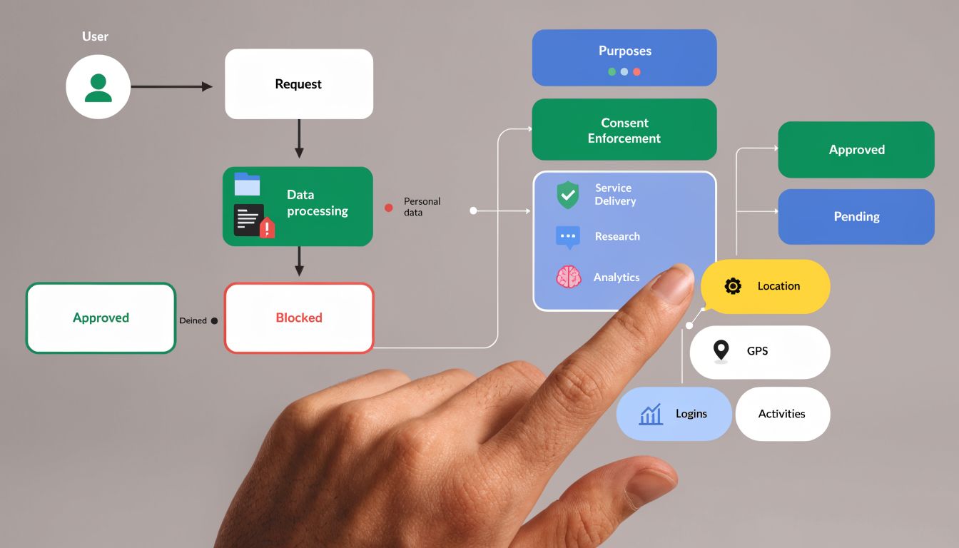 A digital flowchart illustrating a data privacy compliance process including request, processing, consent, and user actions.