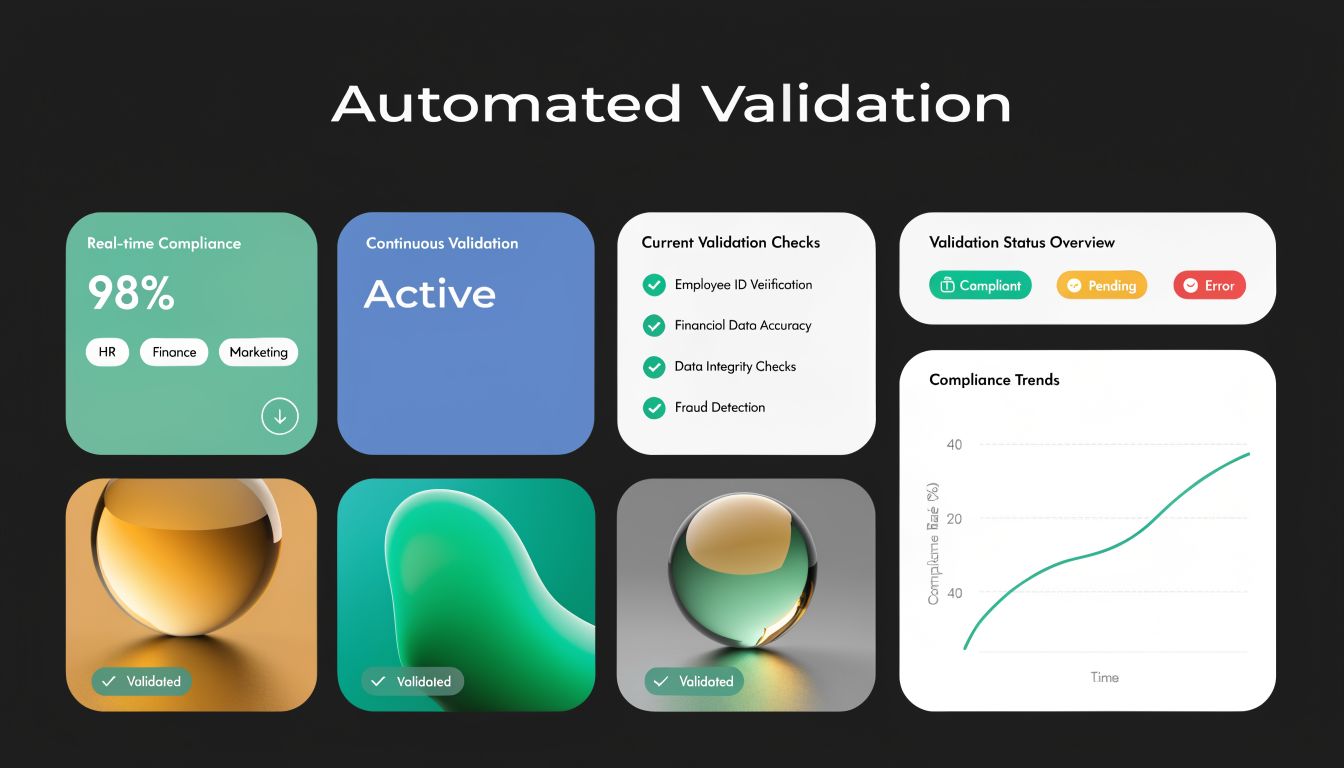 A digital dashboard visualizing automated validation metrics including compliance percentages, validation status, and compliance trend data.
