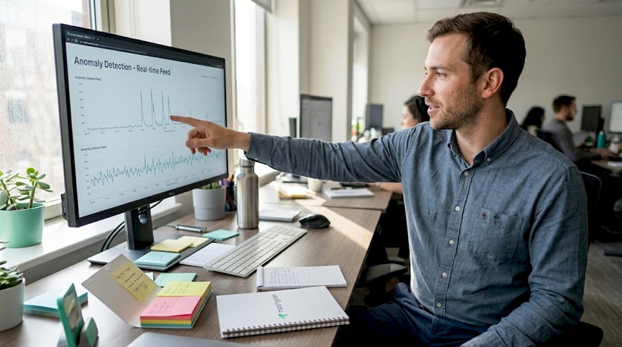 Data analyst reviews anomaly detection dashboard