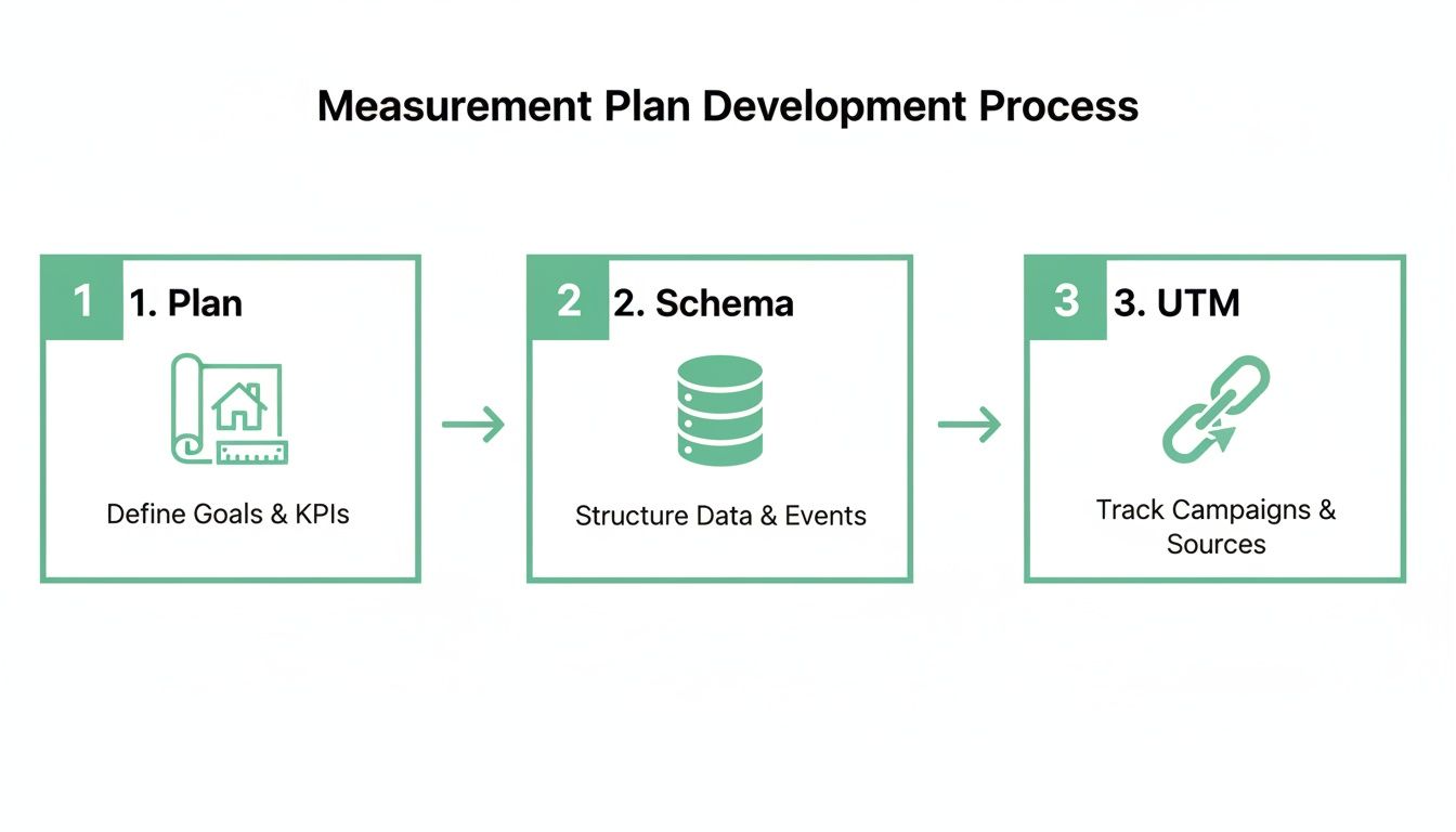Infographic showing the three-step Measurement Plan Development Process: Plan, Schema, and UTM tracking.