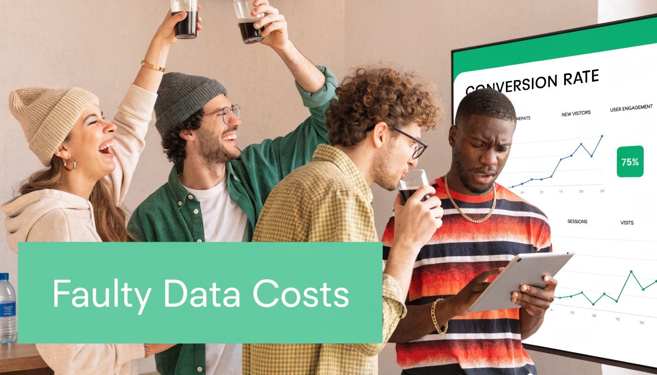 A group of young professional colleagues celebrate success while viewing data on a digital screen display.