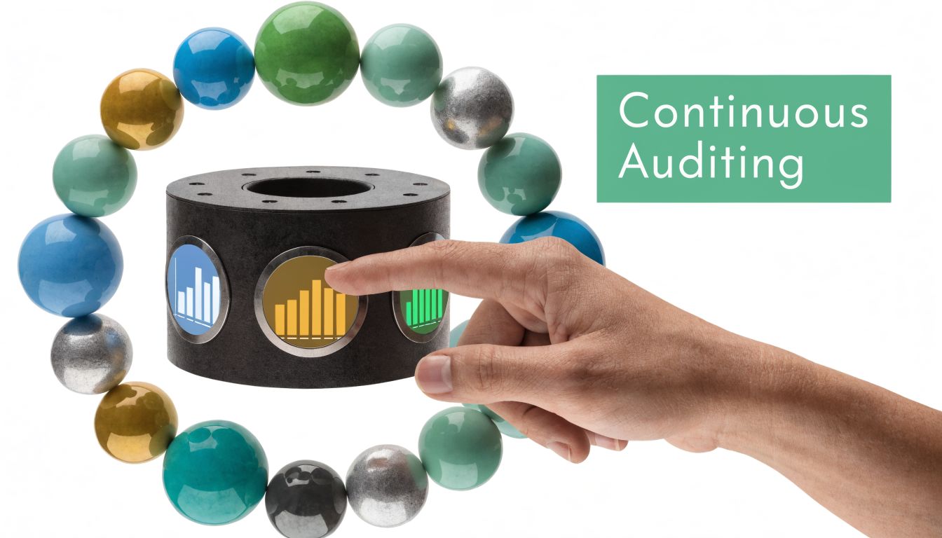 A hand touching a data visualization icon on a black cylindrical device surrounded by colorful spheres.