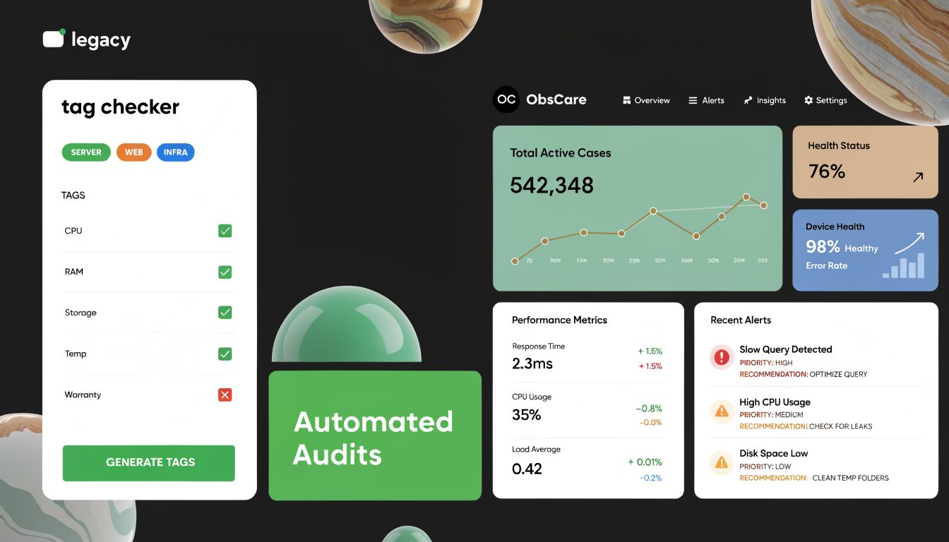 A modern dashboard showing technical monitoring tools including tag checkers, automated audits, performance metrics, and recent alerts.