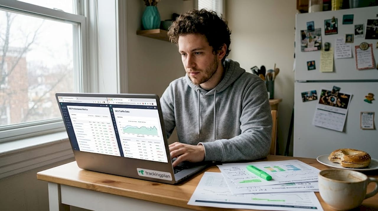 Content manager reviewing GEO SEO data at home