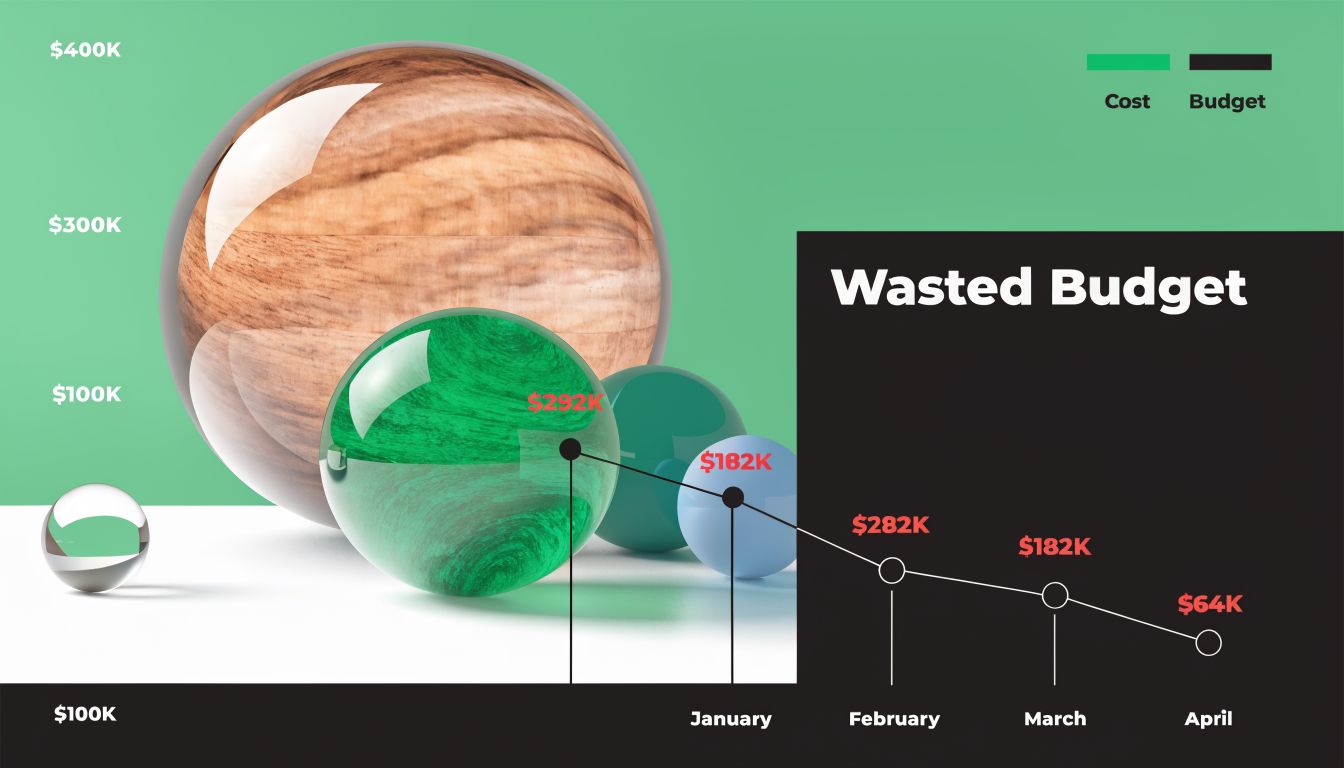 A line chart showing a decreasing trend of wasted budget costs from January to April.