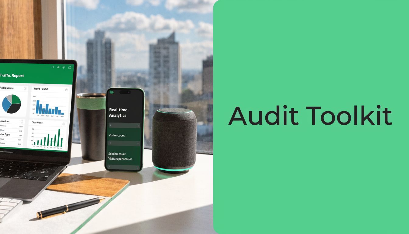 A modern workspace desk featuring a laptop showing analytics, a smartphone, and a smart speaker.