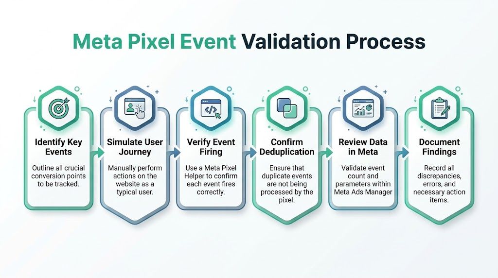A six-step infographic detailing the Meta Pixel event validation process for tracking website user conversions.
