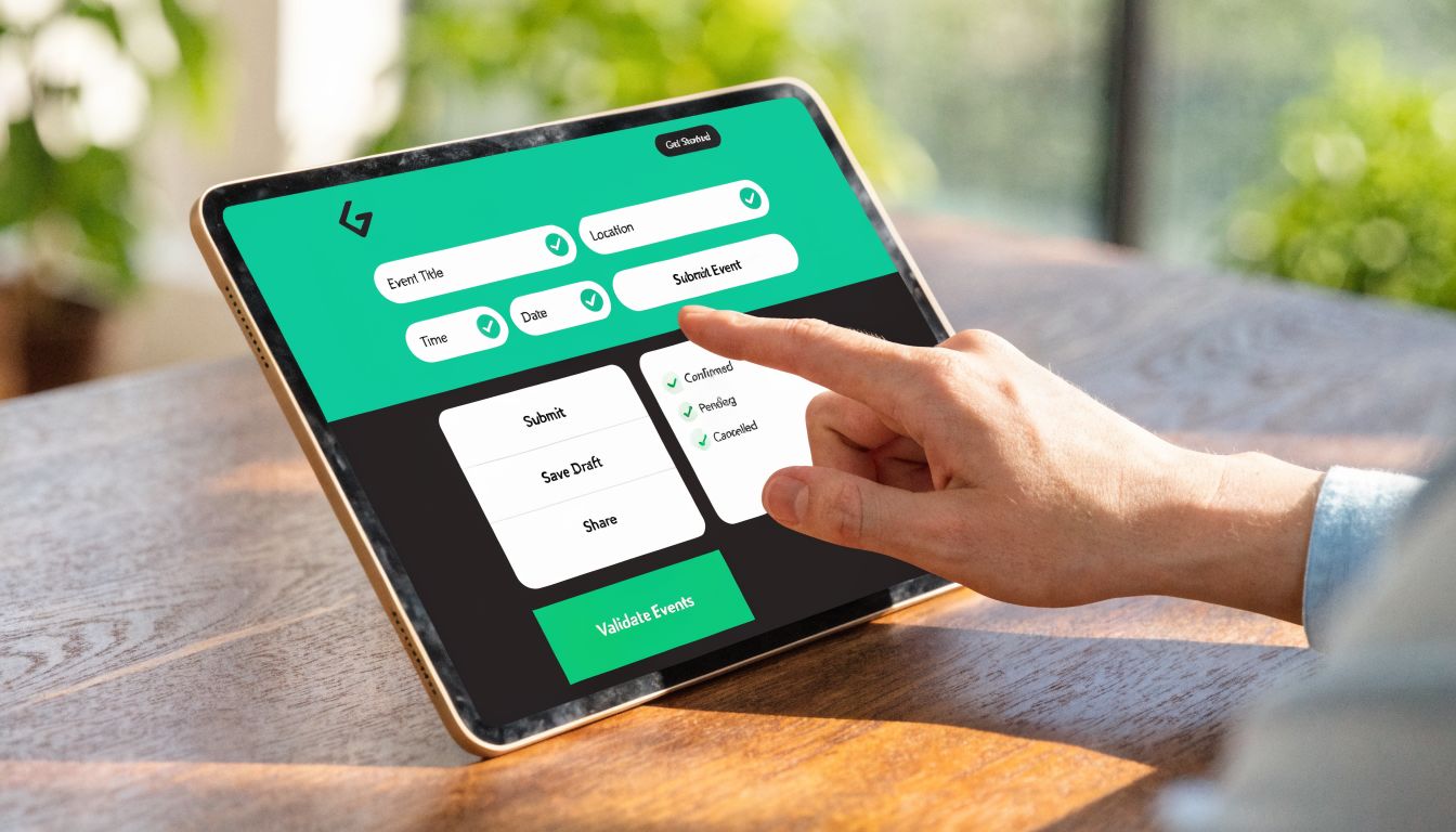 A person using a tablet screen displaying a digital event management and form submission application interface.
