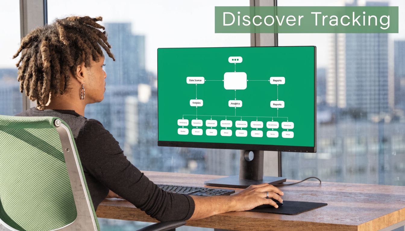 A person working at a desk, looking at a professional data tracking flowchart on a computer screen.