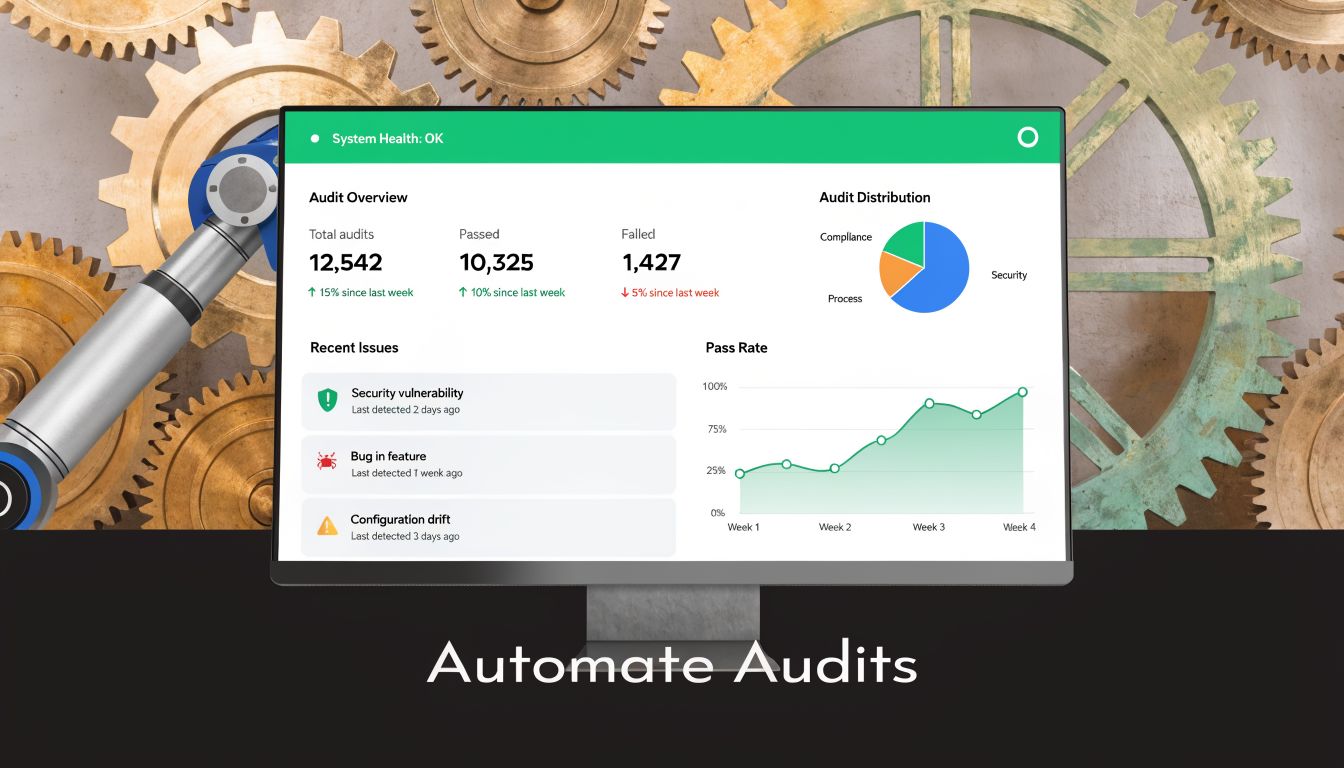 A digital dashboard showing automated audit metrics, pass rates, and security vulnerability reports on a computer screen.
