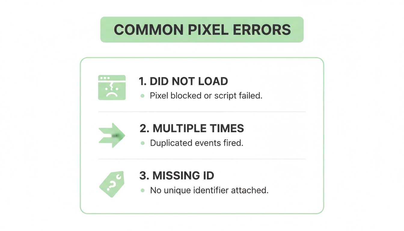 A list of common pixel errors: Did Not Load, Multiple Times, and Missing ID with explanations.