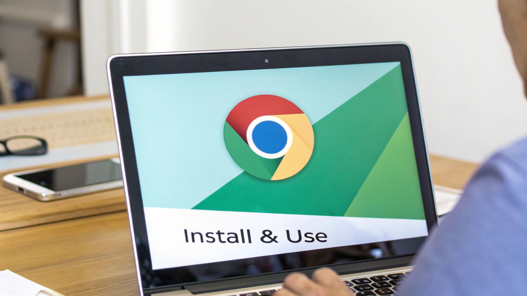 A person using a laptop displaying the Google Chrome logo and 'Install & Use' text.