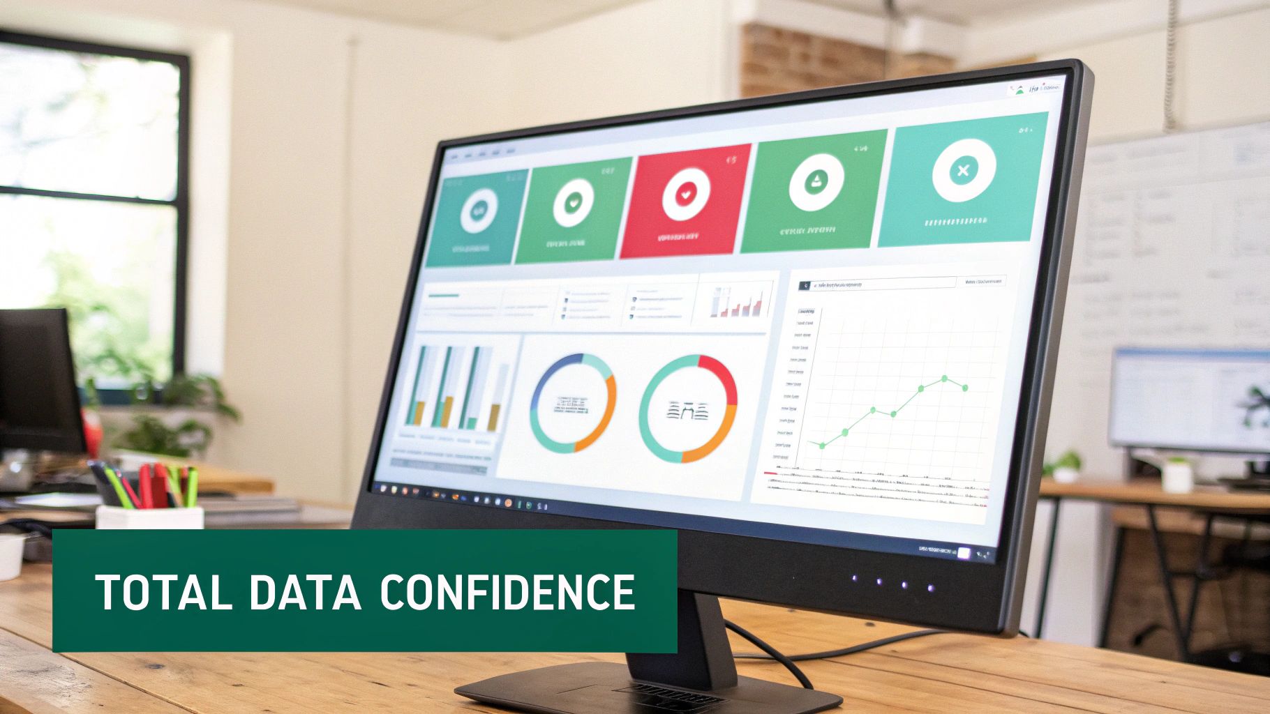 A computer monitor displaying a data analytics dashboard with various charts and graphs in an office.