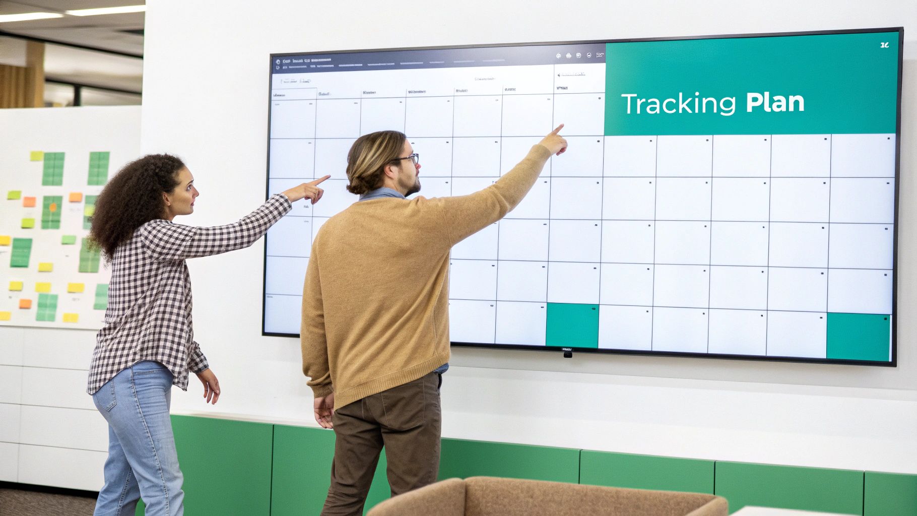 Man and woman in an office pointing at a large screen displaying a project tracking plan.