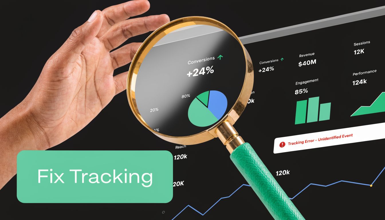 A hand holds a magnifying glass over a digital dashboard showing analytics, conversion data, and tracking errors.