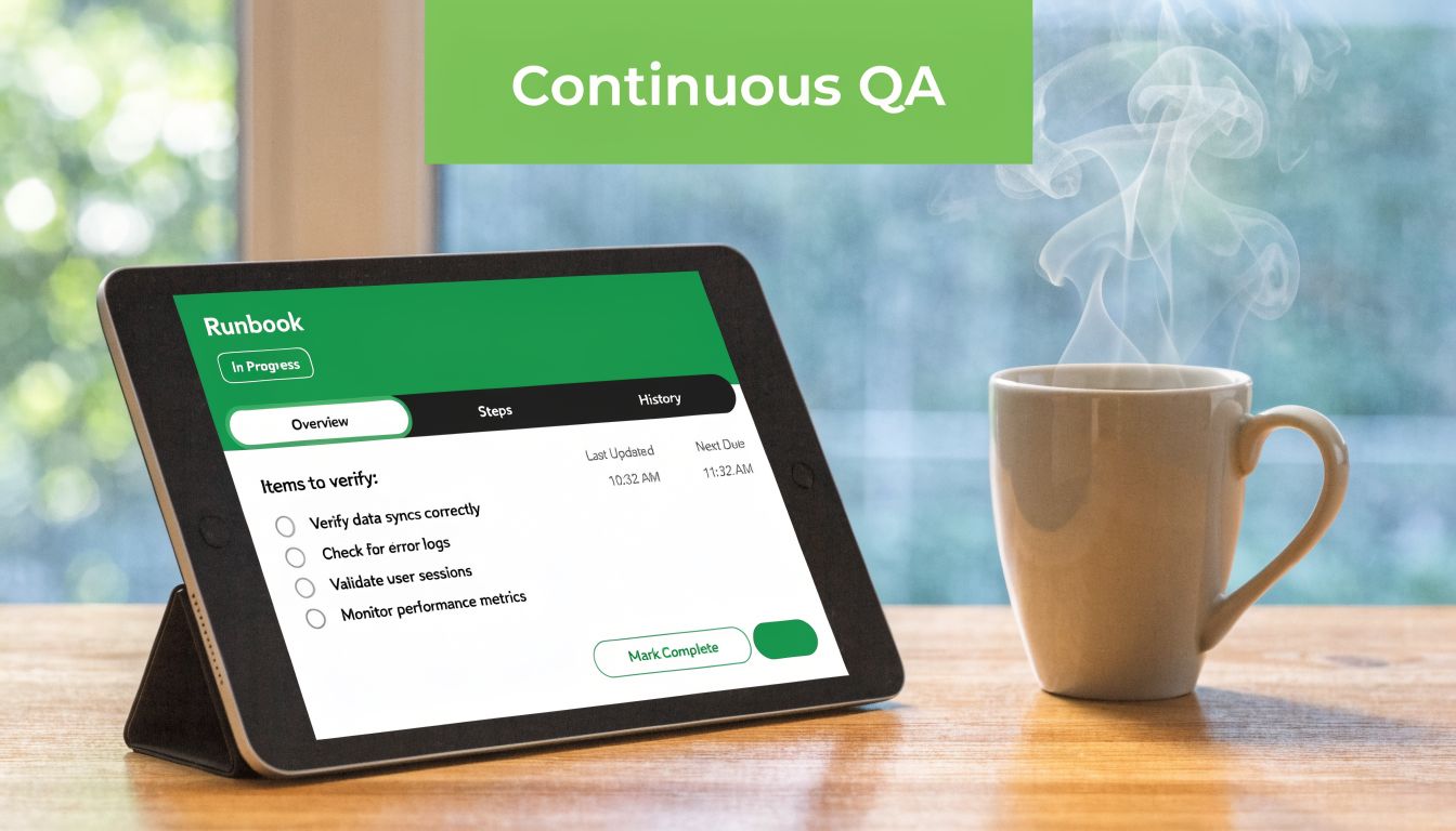A digital tablet displaying a QA runbook checklist next to a steaming cup of coffee.