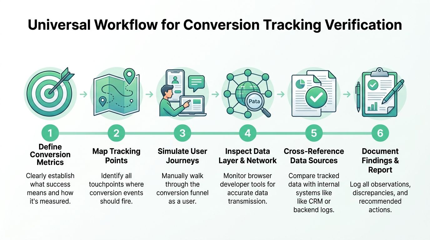 A six-step infographic illustrating a universal workflow for verifying conversion tracking processes in digital marketing.