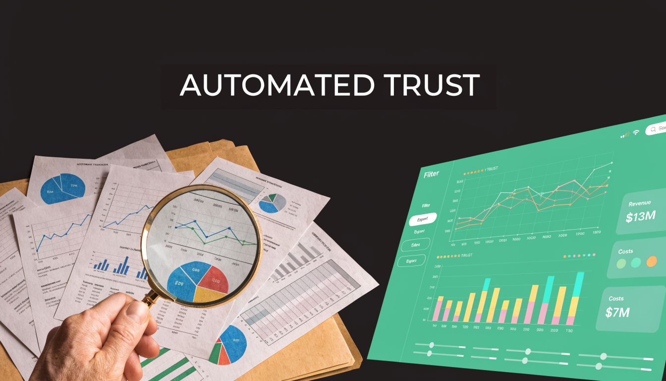 A hand holding a magnifying glass over paper financial charts next to a digital business dashboard.