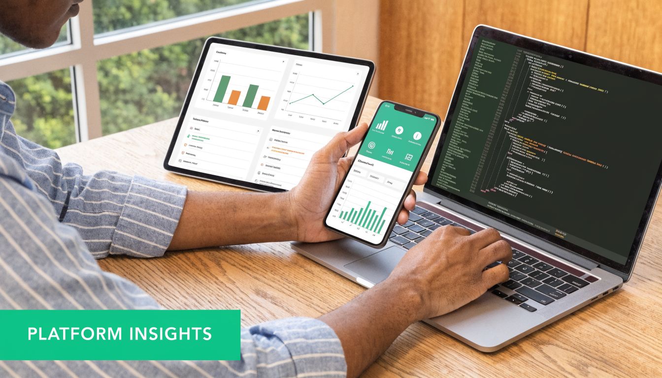 A person using a laptop, tablet, and smartphone to monitor data and analytics for business performance.