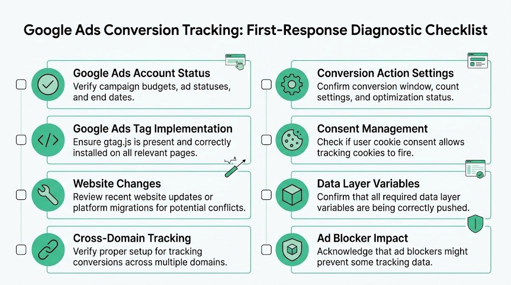 A diagnostic checklist for troubleshooting Google Ads conversion tracking issues covering eight critical technical configuration points.