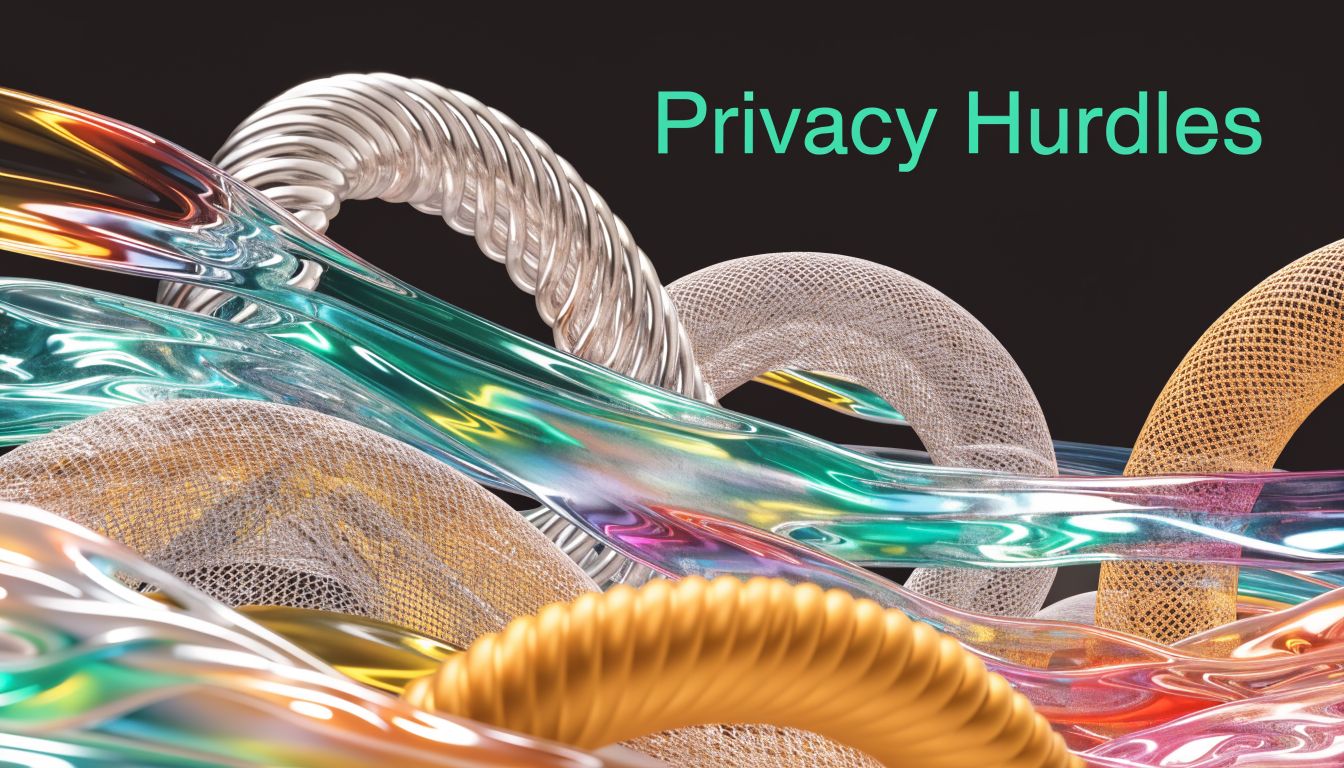 Abstract 3D render featuring colorful flowing ribbons and metallic textured rings against a dark background.