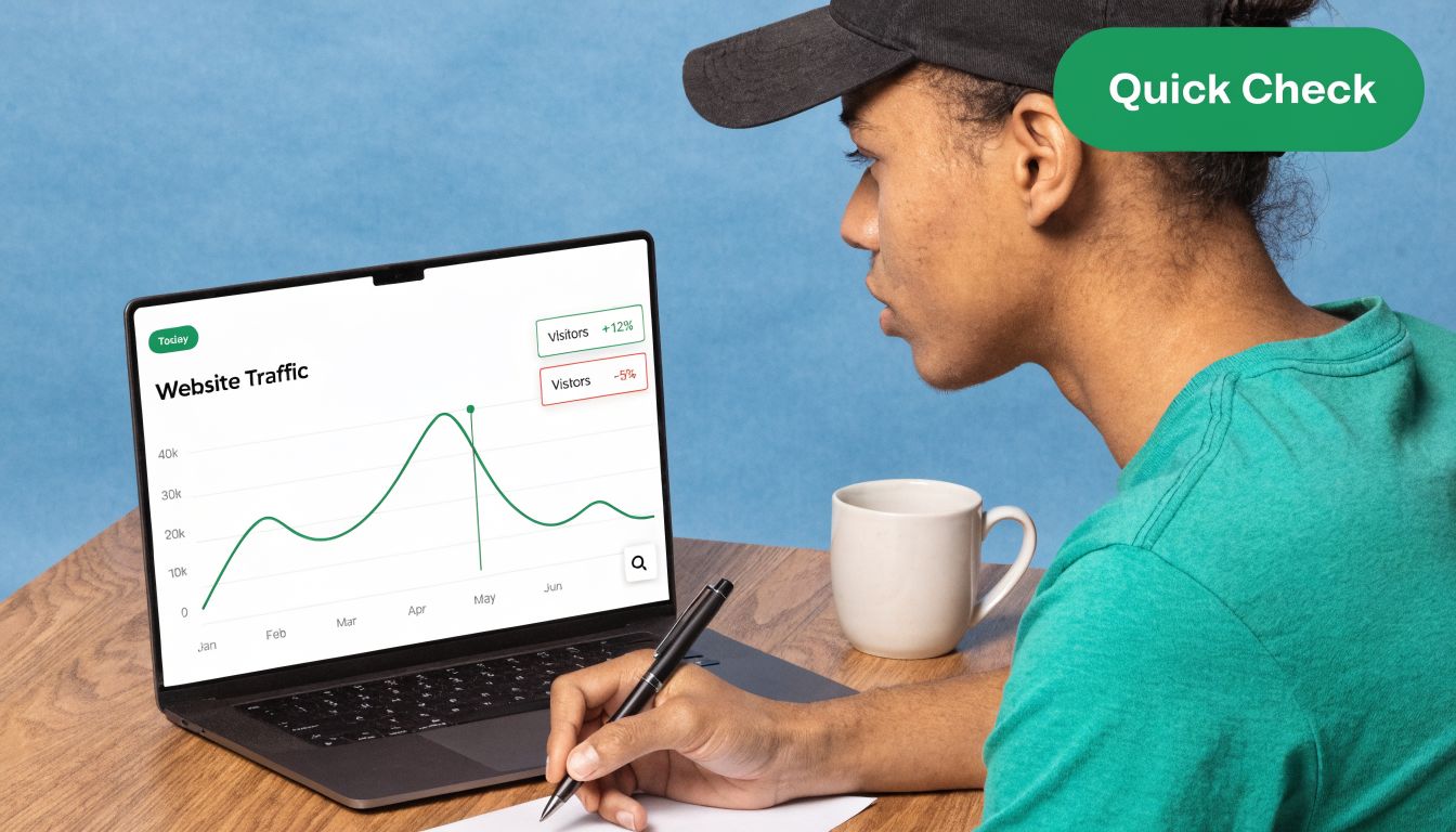 A person wearing a cap looks at a laptop displaying a website traffic chart while taking notes.