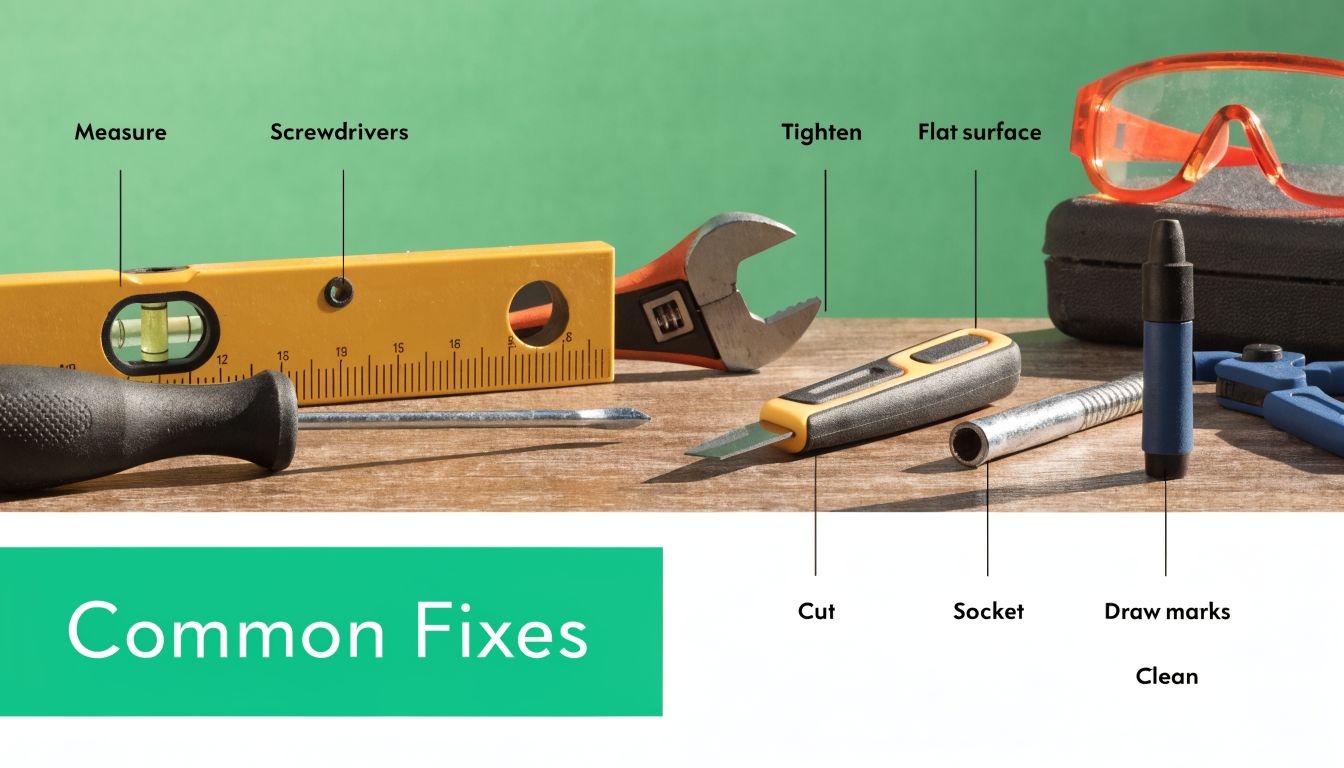 An assortment of hand tools including a level, screwdriver, utility knife, and safety glasses on a wooden surface.