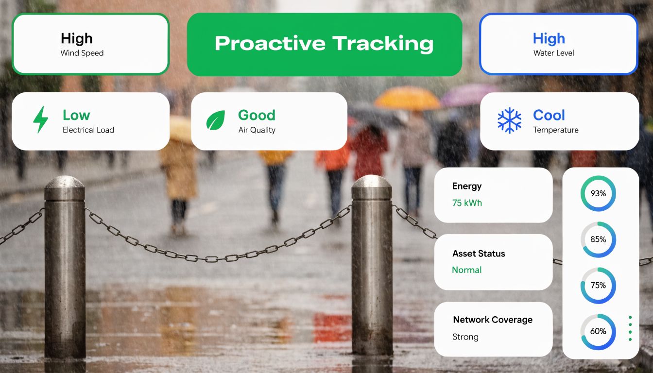 A digital dashboard showing real-time environmental and infrastructure data metrics overlaid on a rainy city street background.