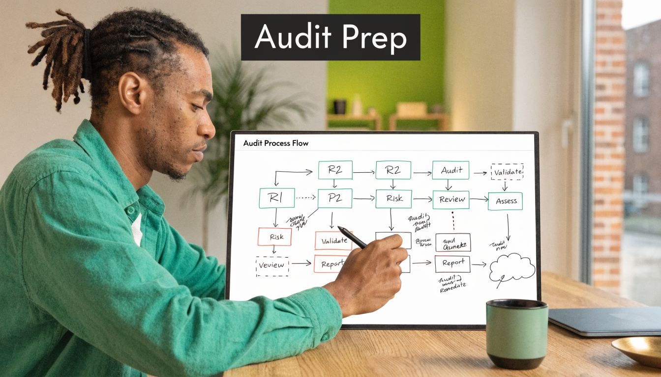 A man in a green shirt working on a digital whiteboard displaying an audit process flow diagram.