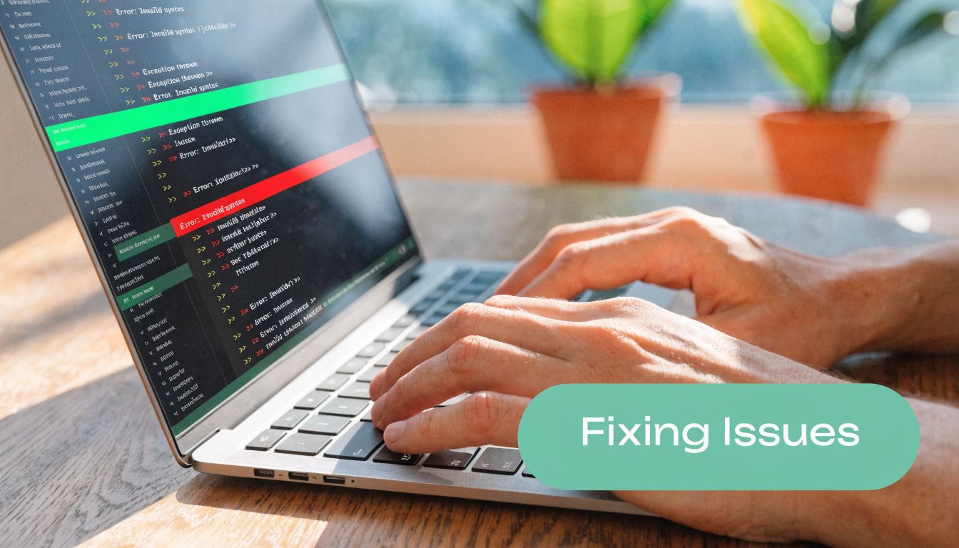 A person typing on a laptop computer displaying complex error code messages on the screen.