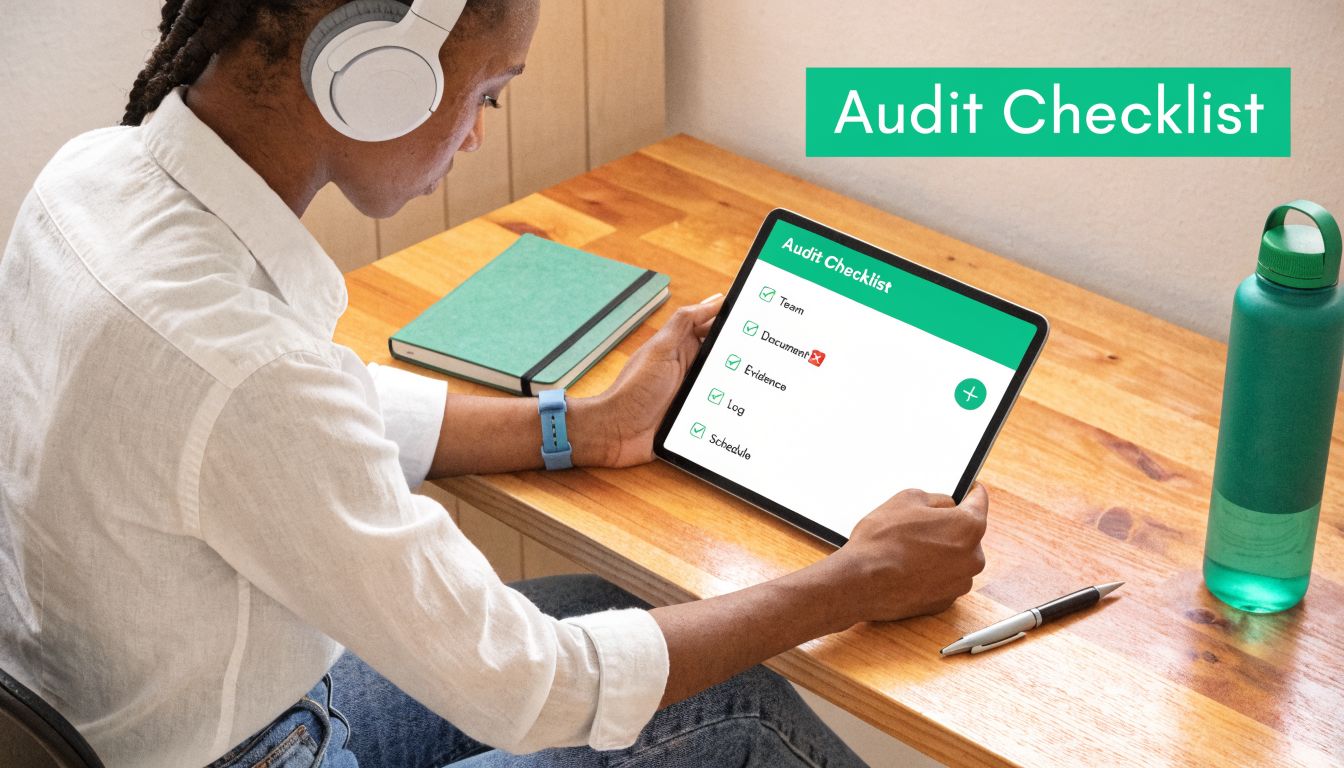 A person using a tablet to review an audit checklist while sitting at a wooden desk.
