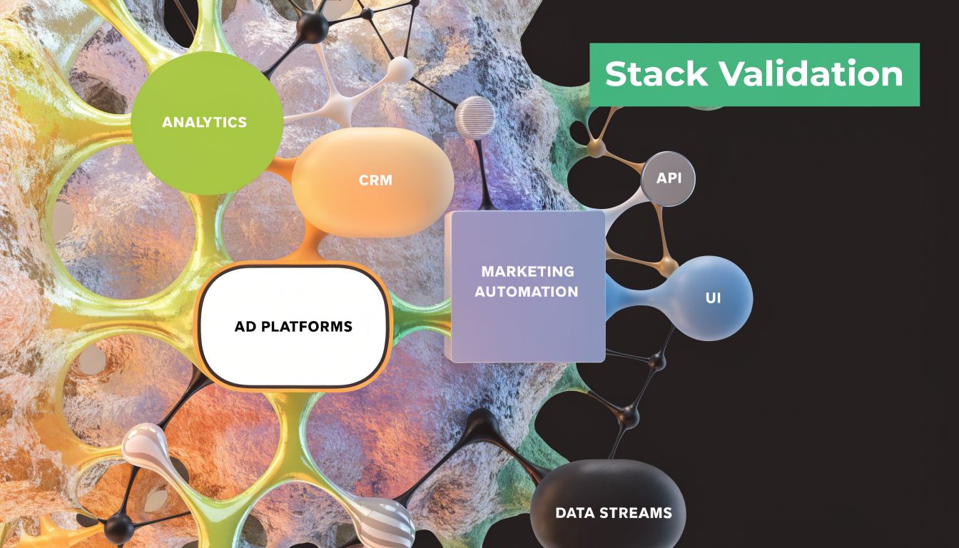 A 3D network graphic showing integrated marketing tools including analytics, CRM, ad platforms, and marketing automation systems.